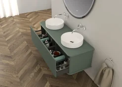 Baden Meuble sous-vasque à suspendre l.141 cm avec plan de toilette et 2 vasques à poser, vert mat, Idra
