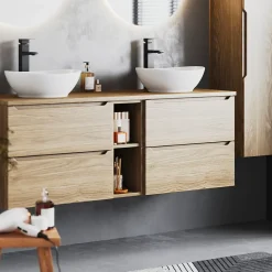 Petits-Meubles Meuble sous-vasque 140cm 2 niches plan de toilette Viggo Bois