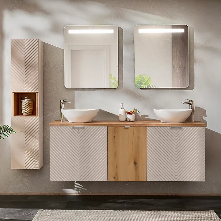 Petits-Meubles Meuble sous-vasque 160cm 4 portes panier à linge Manoa Cachemire et Bois
