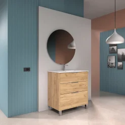 Futurbath Meuble sous-vasque effet chêne l.80 cm + plan simple vasque porcelaine, Louna