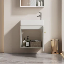 Okwish Meuble Sous-Vasque Suspendu avec Vasque - Meuble Salle de Bain Compact, MDF, 46x26x56 cm - Blanc