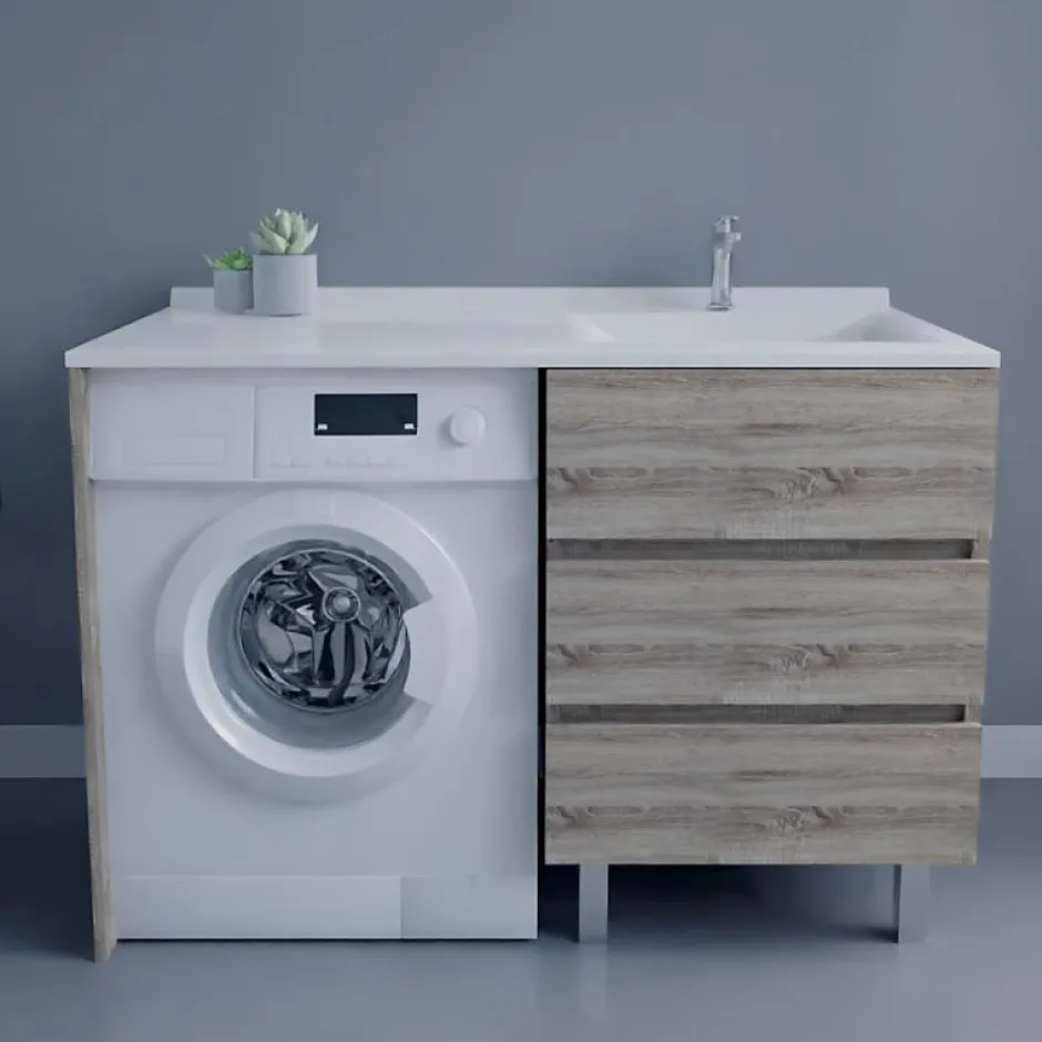 Cuisibane Meuble spécial lave-linge KORA avec plan vasque déportée 124 cm x 65 cm- Bois- Vasque à droite