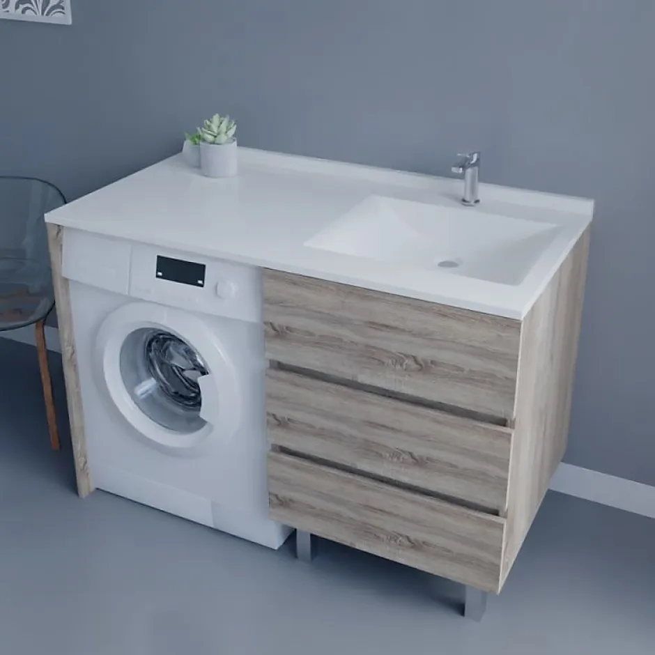 Cuisibane Meuble spécial lave-linge KORA avec plan vasque déportée 124 cm x 65 cm- Bois- Vasque à droite