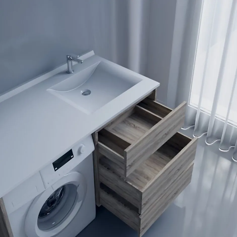 Cuisibane Meuble spécial lave-linge KORA avec plan vasque déportée 124 cm x 65 cm- Bois- Vasque à droite