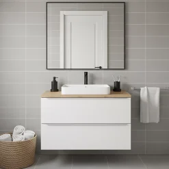 GoodHome Meuble suspendu blanc brillant l.100 cm Imandra + plan de toilette chêne massif Hartland,