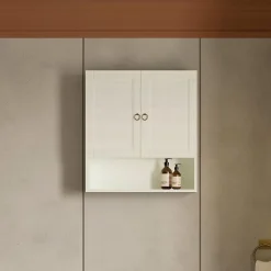 Kiamami Valentina Meuble Suspendu En Bois Décapé Blanc Avec 2 Portes Et Une Étagère Ouverte Toscana* Armoire De Salle De Bains