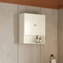 Kiamami Valentina Meuble Suspendu En Bois Décapé Blanc Avec 2 Portes Et Une Étagère Ouverte Toscana* Armoire De Salle De Bains