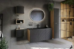 Furnidea Meuble suspendu sous vasque OCEAN chêne et noir 60 cm - 2 tiroirs façades 3D