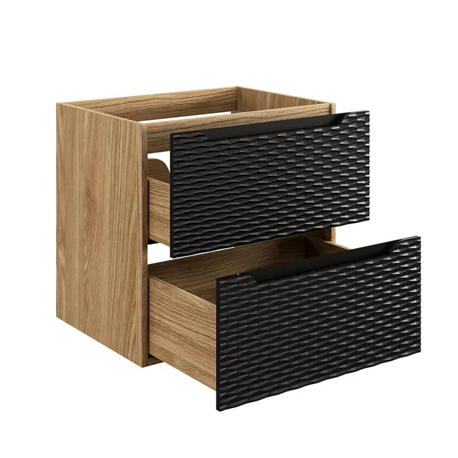 Furnidea Meuble suspendu sous vasque OCEAN chêne et noir 60 cm - 2 tiroirs façades 3D