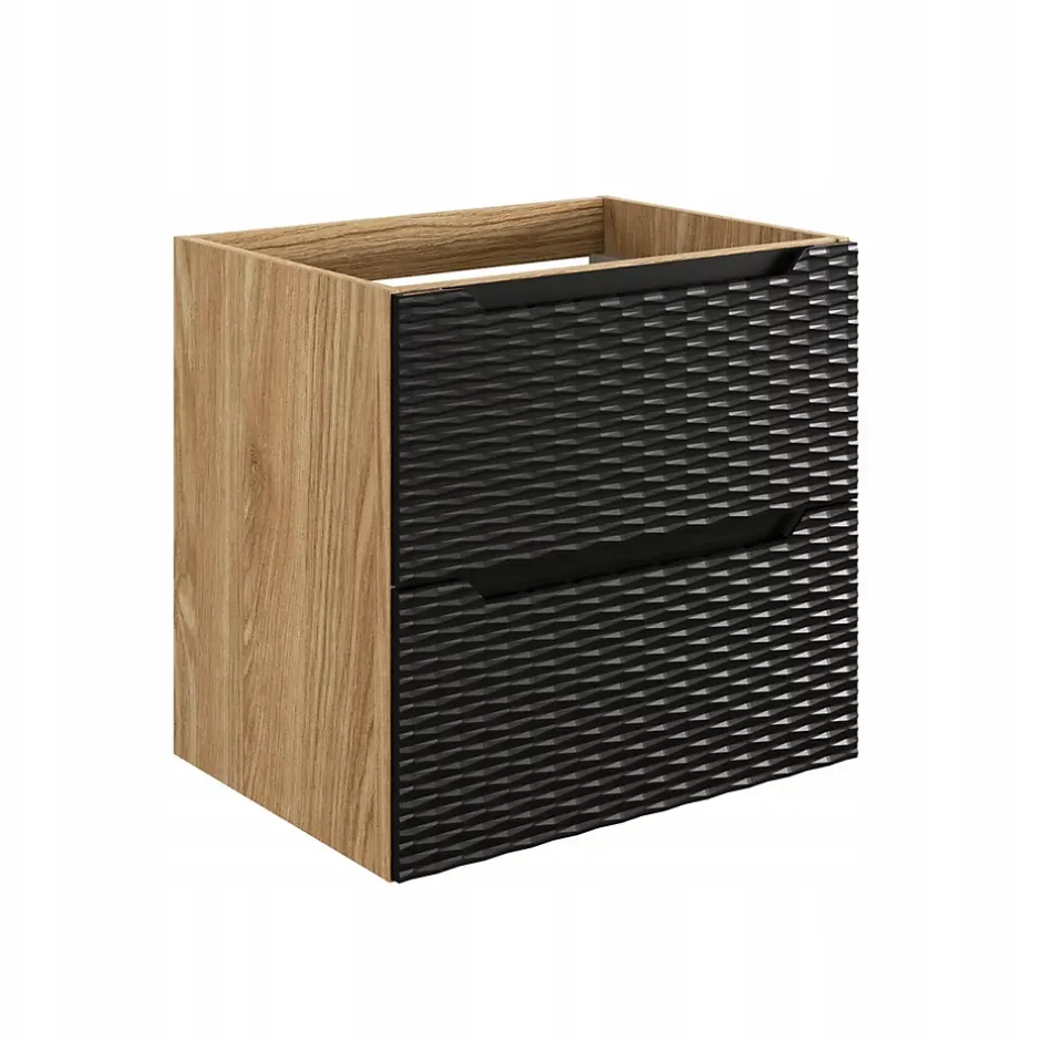 Furnidea Meuble suspendu sous vasque OCEAN chêne et noir 60 cm - 2 tiroirs façades 3D