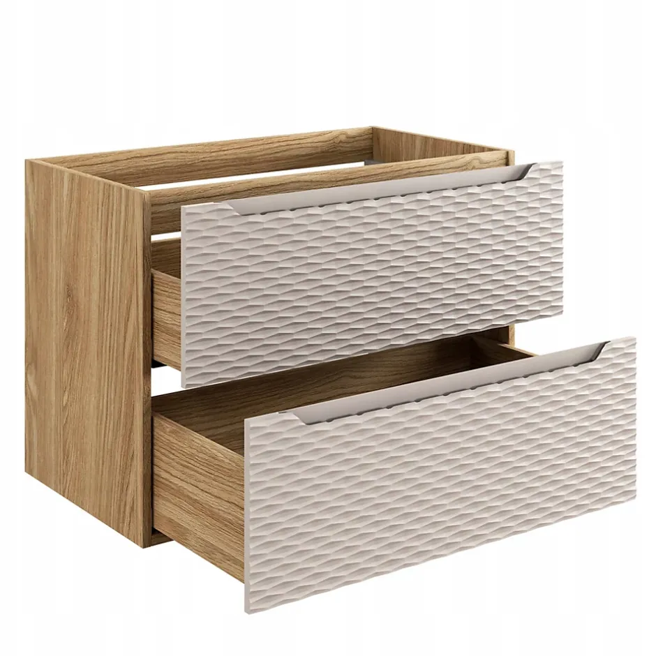 Furnidea Meuble suspendu sous vasque OCEAN chêne et beige 80 cm - 2 tiroirs façades 3D