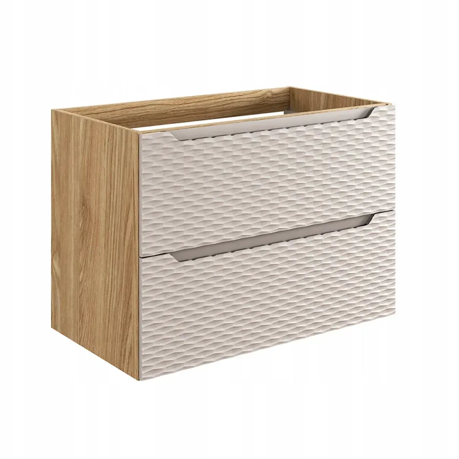 Furnidea Meuble suspendu sous vasque OCEAN chêne et beige 80 cm - 2 tiroirs façades 3D