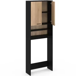 IDMarket Meuble étagères de rangement dessus machine à laver et WC WALLIS noir et bois façon hêtre