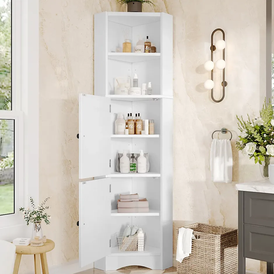 ProximaX Meuble triangulaire salle de bain blanc laqué, 2 étagères ouvertes, 2 portes avec séparateurs réglables, design simple* Meuble Wc