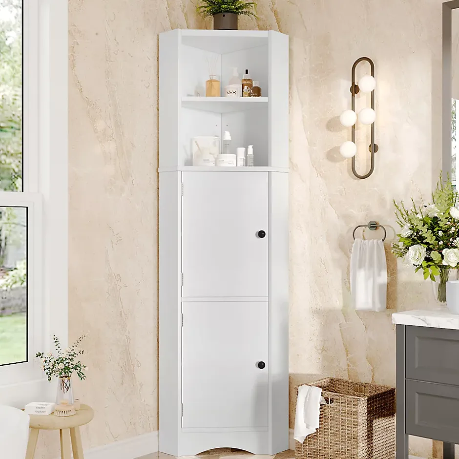 ProximaX Meuble triangulaire salle de bain blanc laqué, 2 étagères ouvertes, 2 portes avec séparateurs réglables, design simple* Meuble Wc