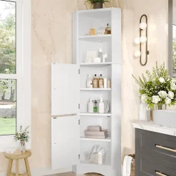 ProximaX Meuble triangulaire salle de bain blanc laqué, 2 étagères ouvertes, 2 portes avec séparateurs réglables, design simple* Meuble Wc