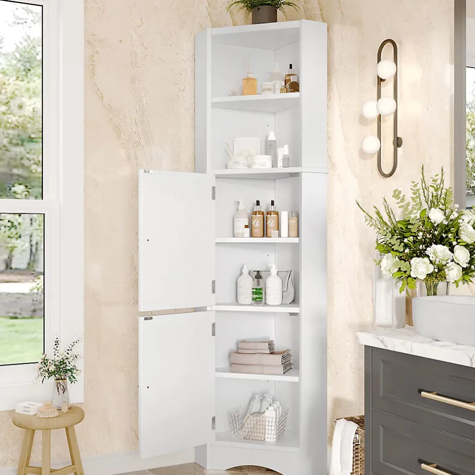 ProximaX Meuble triangulaire salle de bain blanc laqué, 2 étagères ouvertes, 2 portes avec séparateurs réglables, design simple* Meuble Wc