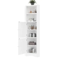 ProximaX Meuble triangulaire salle de bain blanc laqué, 2 étagères ouvertes, 2 portes avec séparateurs réglables, design simple* Meuble Wc