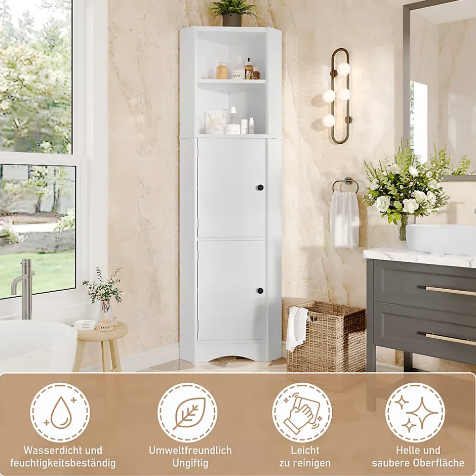 ProximaX Meuble triangulaire salle de bain blanc laqué, 2 étagères ouvertes, 2 portes avec séparateurs réglables, design simple* Meuble Wc