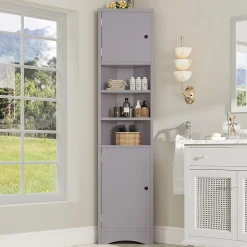 ProximaX Meuble triangulaire salle de bain, résistant à l'humidité, 3 étagères ouvertes, double porte avec étagères réglables, gris* Meuble Wc