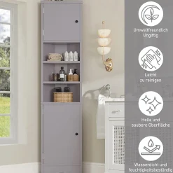 ProximaX Meuble triangulaire salle de bain, résistant à l'humidité, 3 étagères ouvertes, double porte avec étagères réglables, gris* Meuble Wc