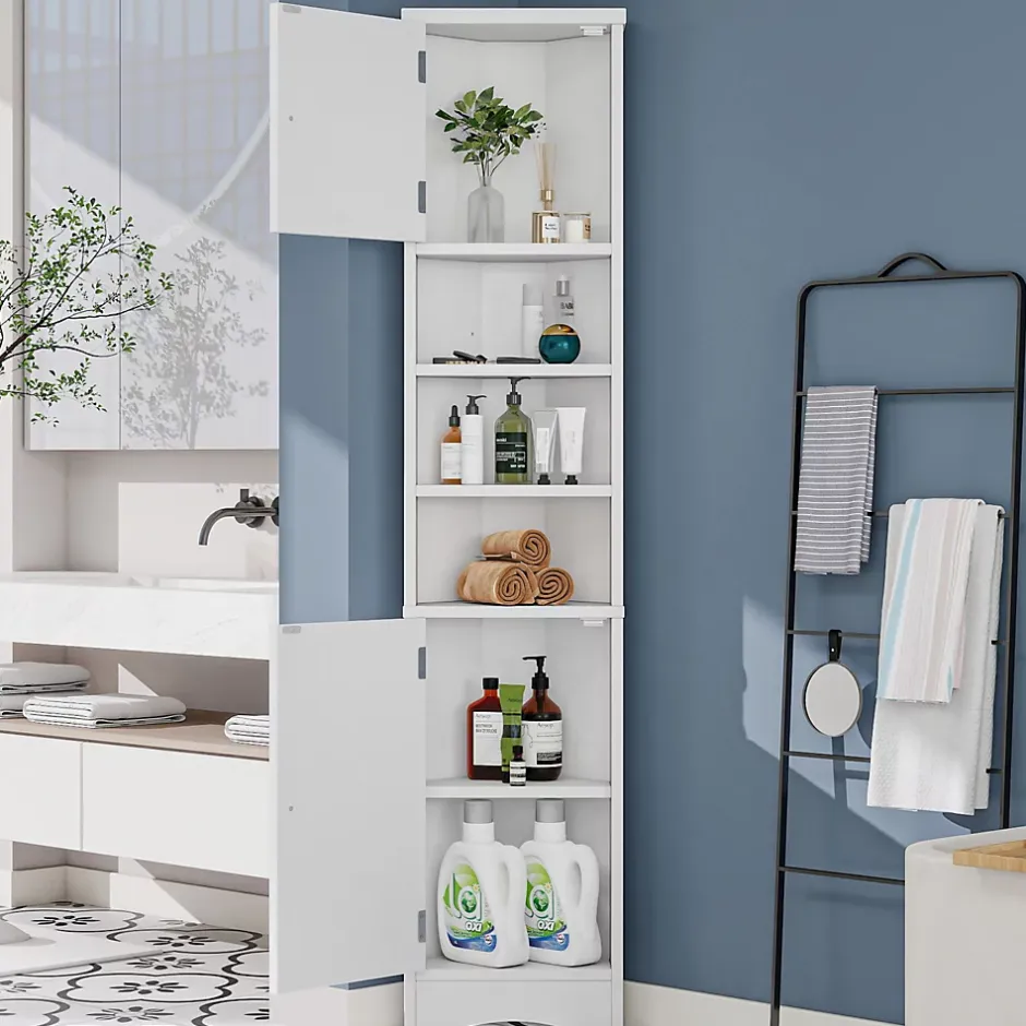 ProximaX Meuble triangulaire salle de bain blanc, résistant à l'humidité, étagères ouvertes, double porte avec étagères réglables* Meuble Wc