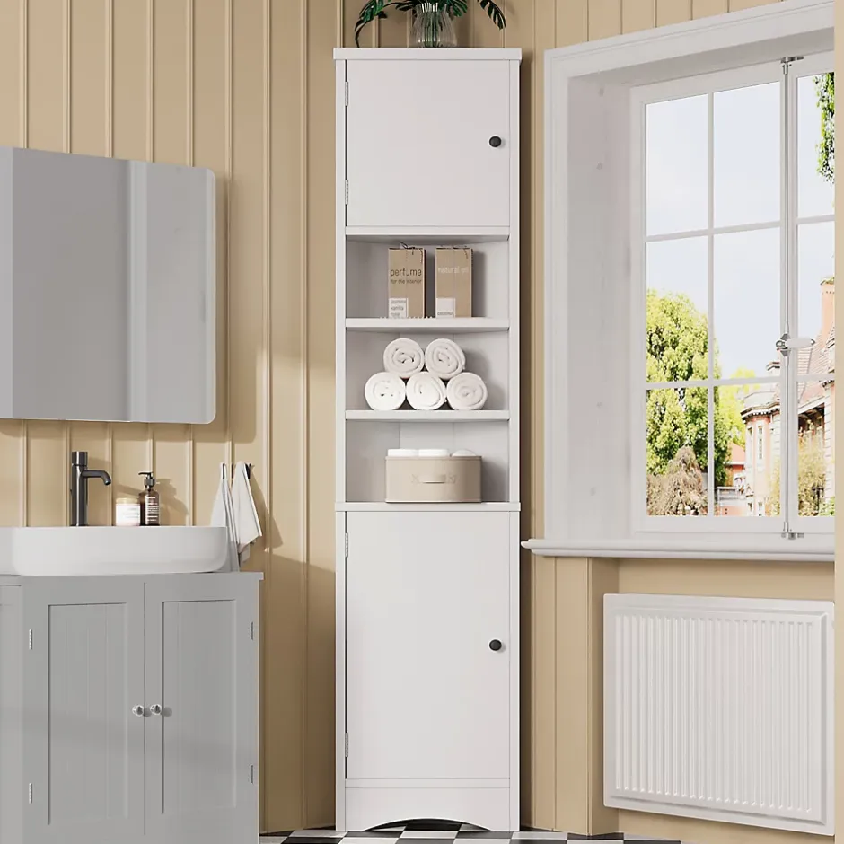 ProximaX Meuble triangulaire salle de bain blanc, résistant à l'humidité, étagères ouvertes, double porte avec étagères réglables* Meuble Wc