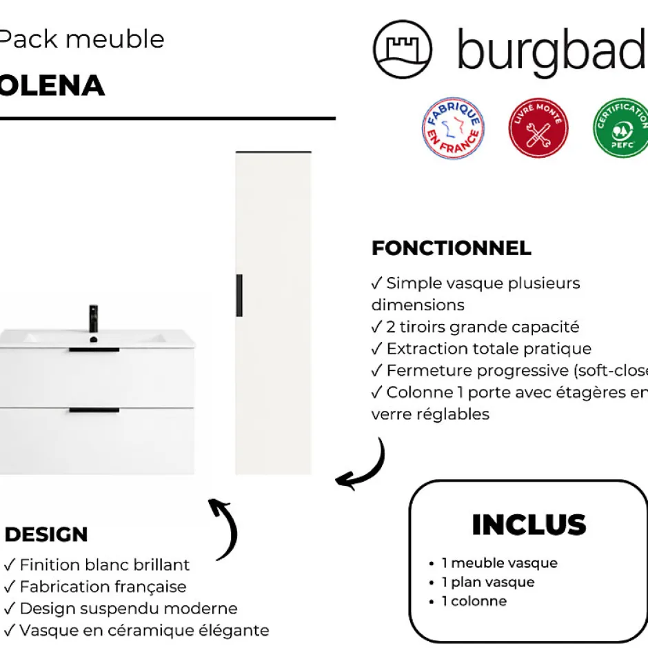 Burgbad Meuble vasque 90 cm Olena blanc brillant + colonne* Ensemble Meuble De Salle De Bains
