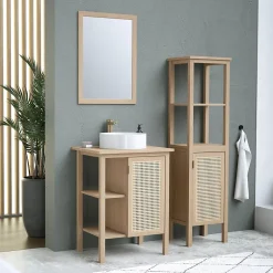 Meuble vasque à poser 1 porte avec plan de toilette l.61 x H.80 x P.50 cm, placage chêne et cannage, Thiam
