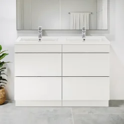 GoodHome Meuble vasque à poser blanc brillant l.120 cm Imandra + plan double vasque blanc céramique Nira,