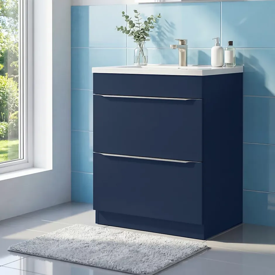 GoodHome Meuble vasque à poser bleu nuit mat l.60 cm Imandra + plan vasque blanc céramique Nira,