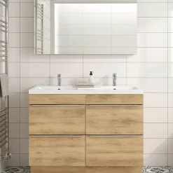 GoodHome Meuble vasque à poser effet chêne l.120 cm Imandra + plan vasque blanc résine,* Meuble Vasque