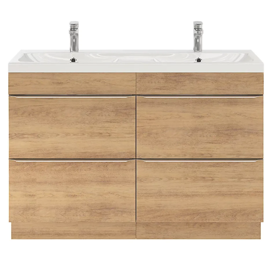 GoodHome Meuble vasque à poser effet chêne l.120 cm Imandra + plan vasque blanc résine,* Meuble Vasque