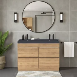 GoodHome Meuble vasque à poser effet chêne clair l.120 cm Imandra + plan vasque noir résine,* Meuble Vasque