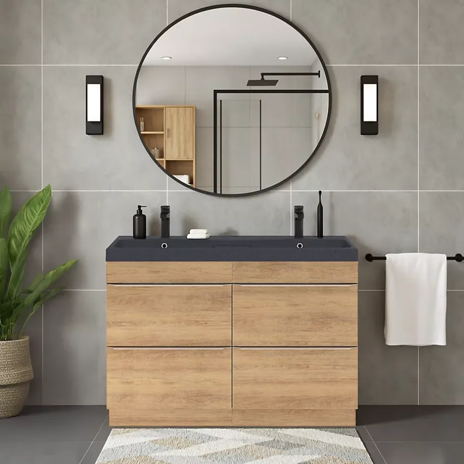 GoodHome Meuble vasque à poser effet chêne clair l.120 cm Imandra + plan vasque noir résine,* Meuble Vasque