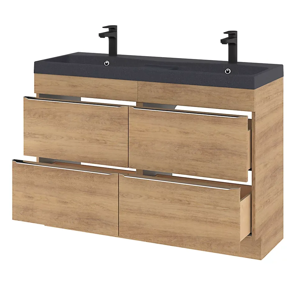 GoodHome Meuble vasque à poser effet chêne clair l.120 cm Imandra + plan vasque noir résine,* Meuble Vasque