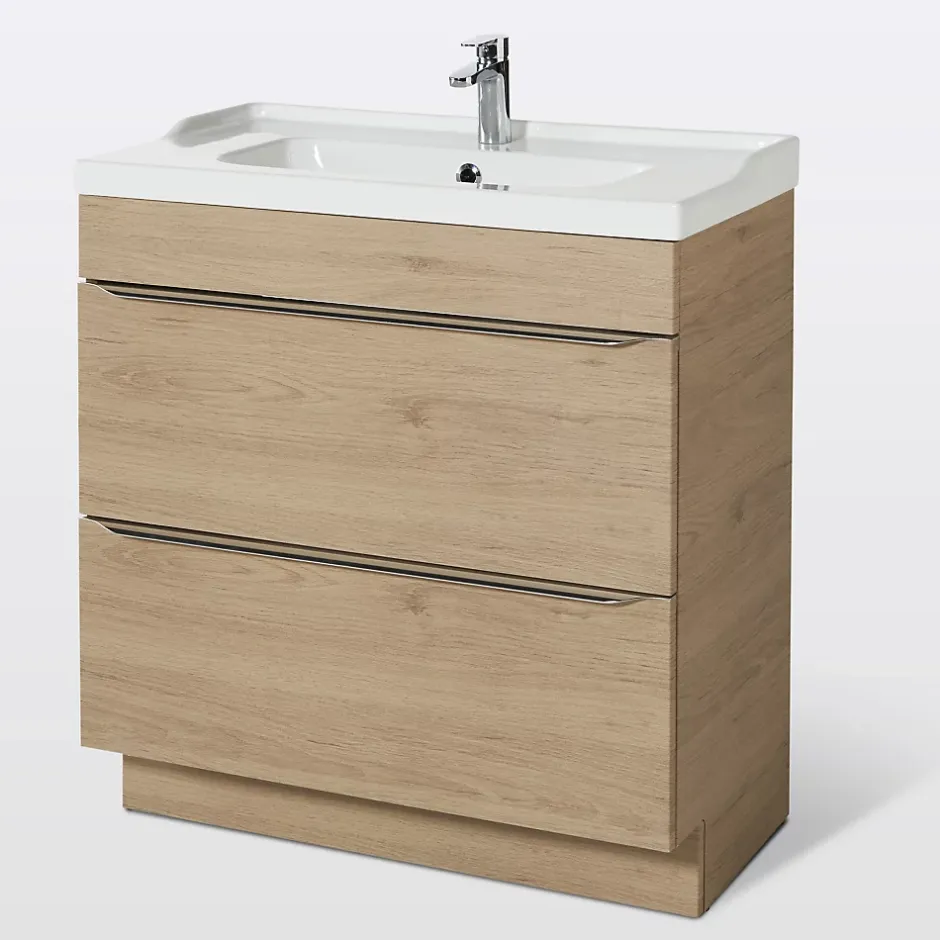 GoodHome Meuble vasque à poser effet chêne l.80 cm Imandra + plan vasque blanc céramique Lana,* Meuble Vasque