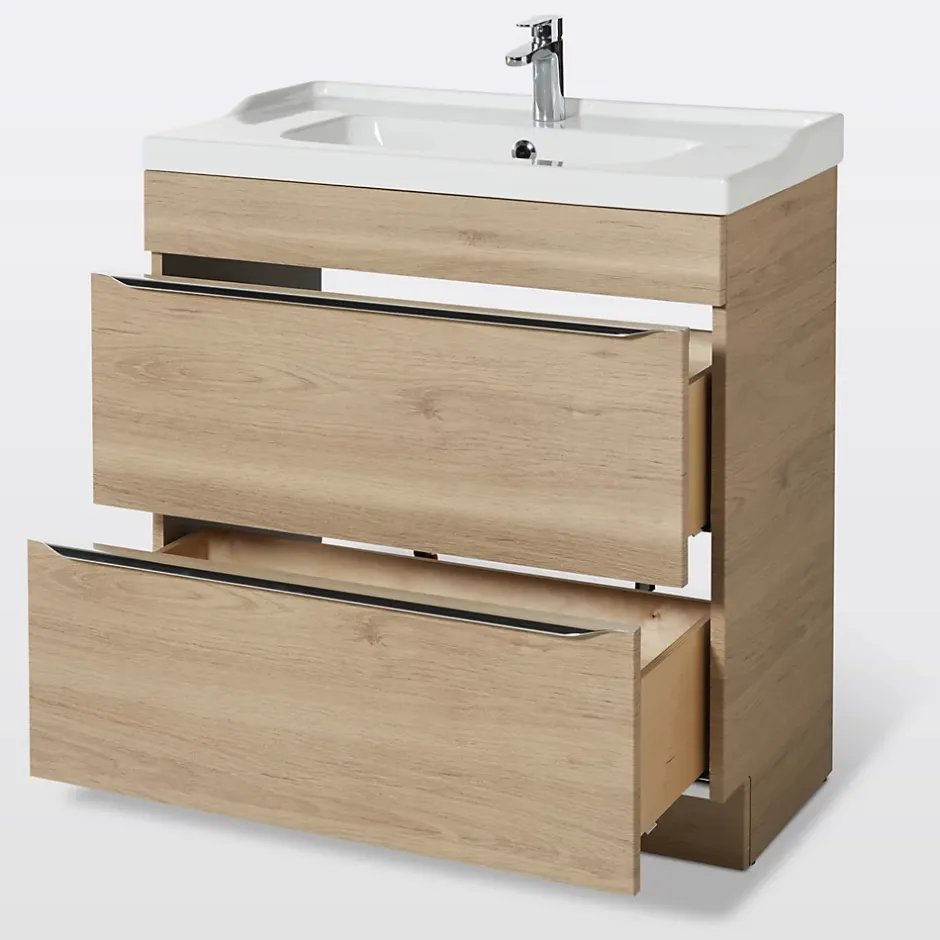 GoodHome Meuble vasque à poser effet chêne l.80 cm Imandra + plan vasque blanc céramique Lana,* Meuble Vasque