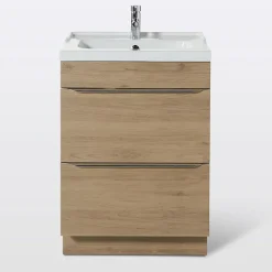 GoodHome Meuble vasque à poser effet chêne l.60 cm Imandra + plan vasque blanc céramique Lana,