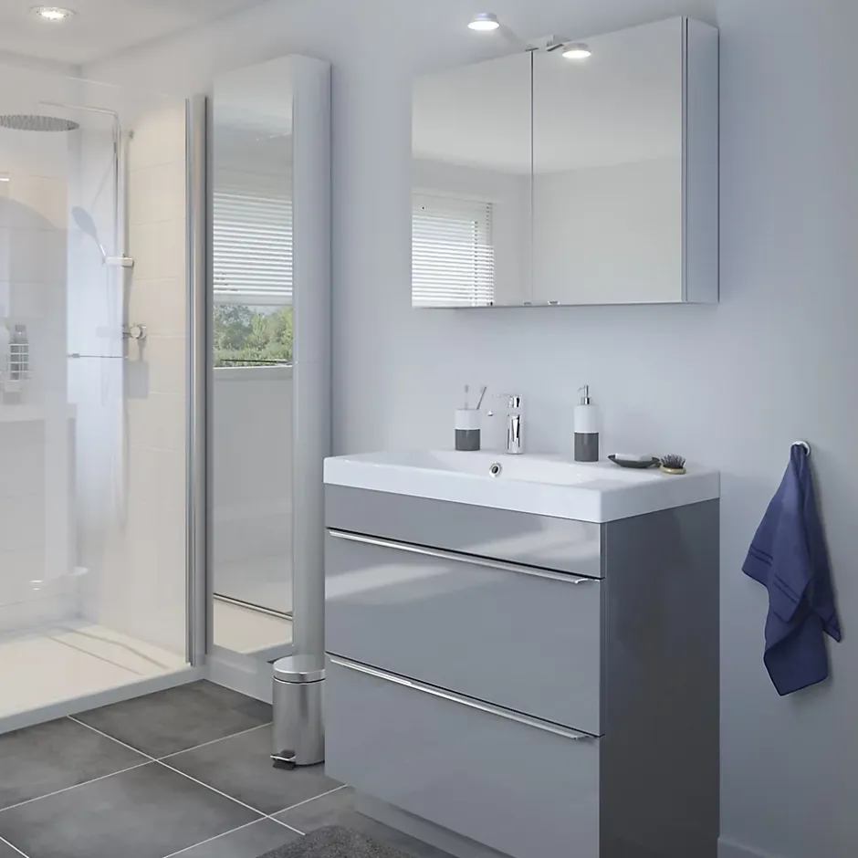 GoodHome Meuble vasque à poser gris l.80 cm Imandra + plan vasque blanc céramique Nira,* Meuble Vasque