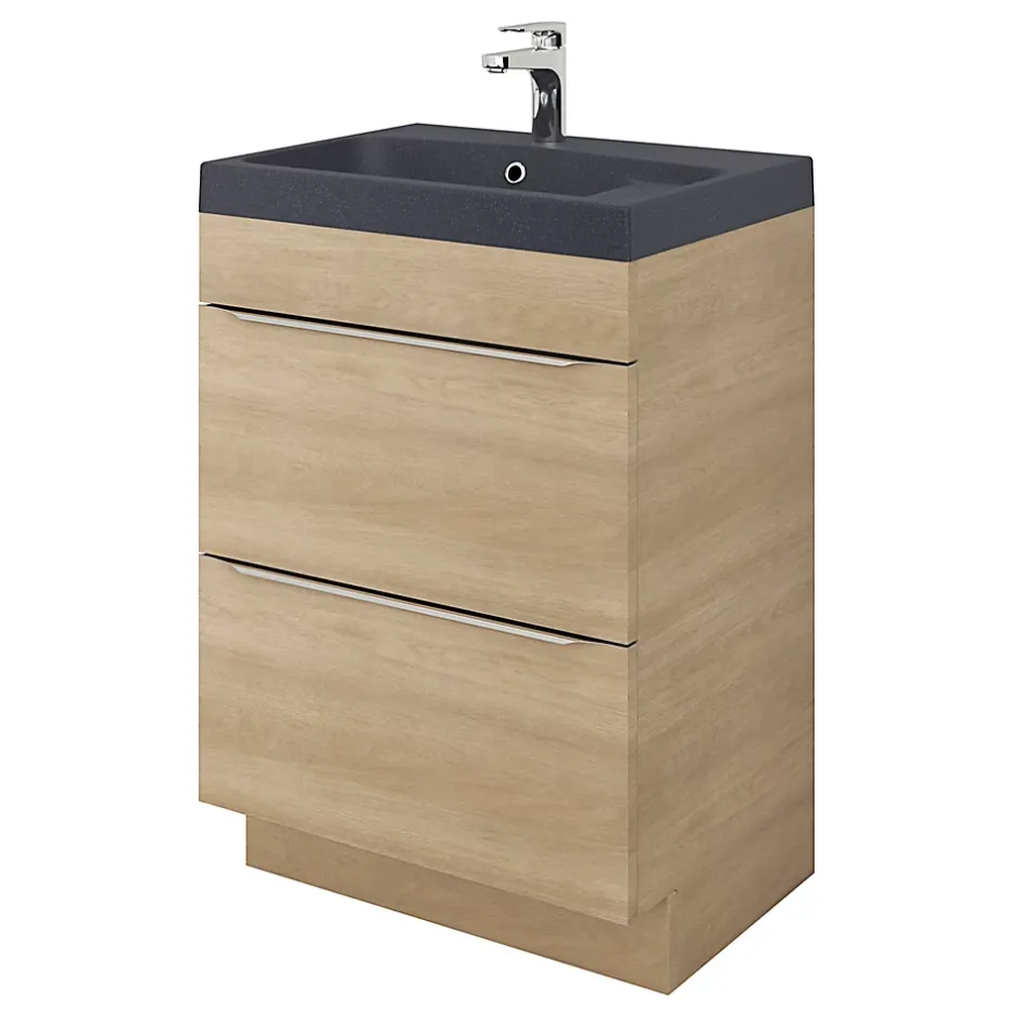 GoodHome Meuble vasque à poser Imandra effet chêne l.60 cm + plan vasque noir résine Mila,