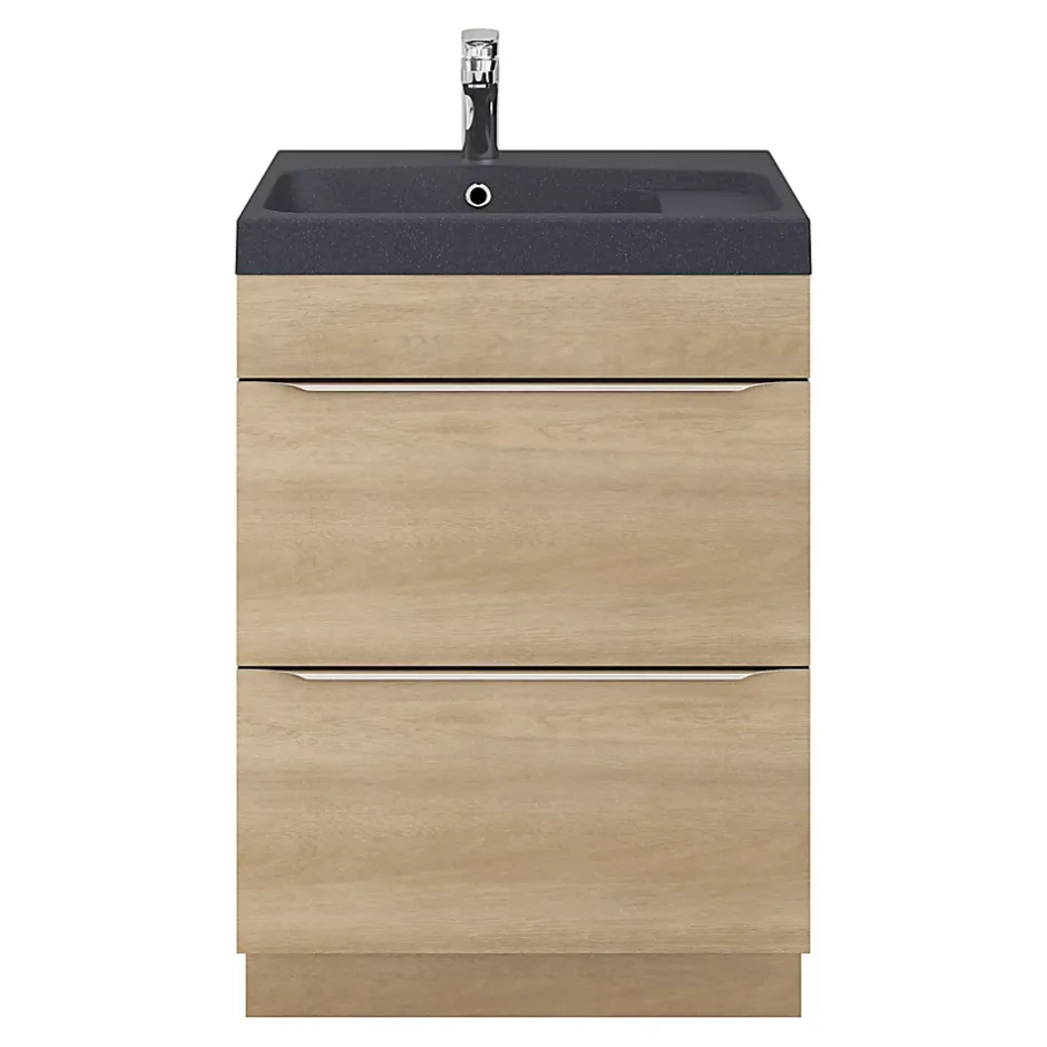 GoodHome Meuble vasque à poser Imandra effet chêne l.60 cm + plan vasque noir résine Mila,