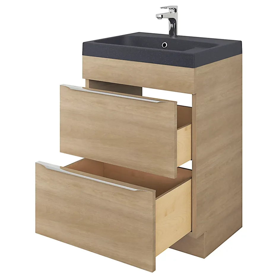 GoodHome Meuble vasque à poser Imandra effet chêne l.60 cm + plan vasque noir résine Mila,