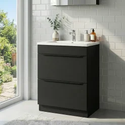GoodHome Meuble vasque à poser noir mat l.60 cm Imandra + plan vasque blanc céramique Nira,* Meuble Vasque