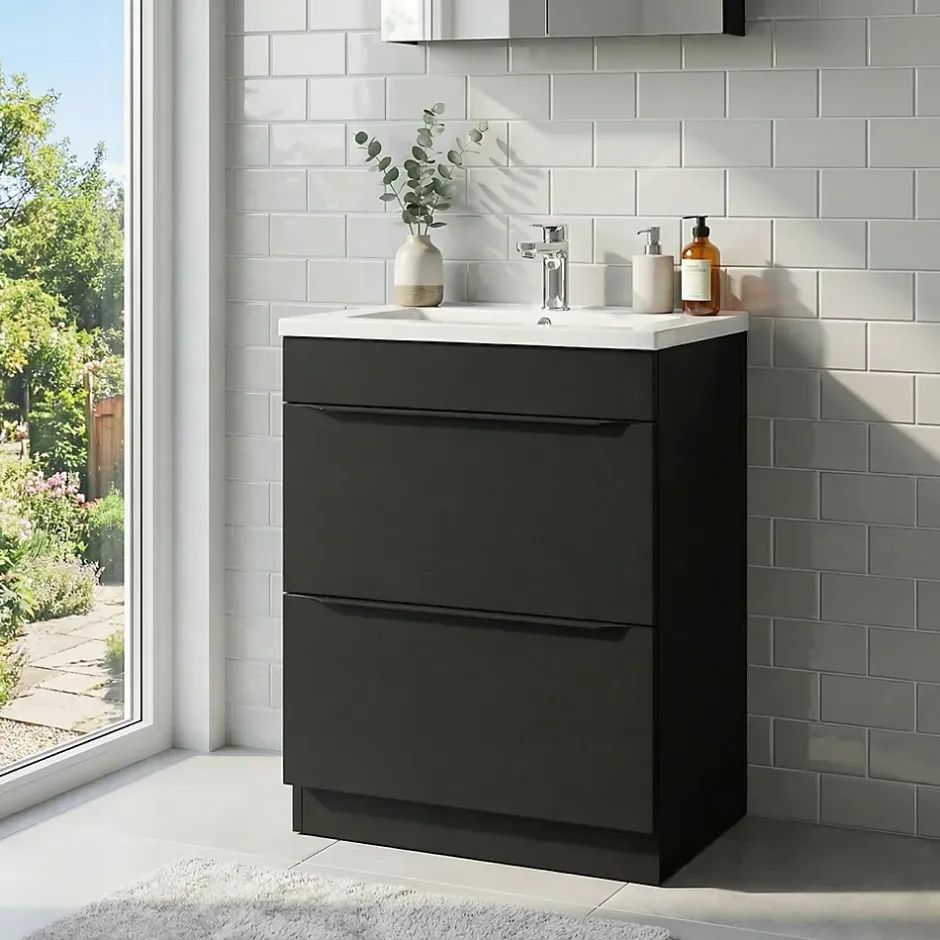 GoodHome Meuble vasque à poser noir mat l.60 cm Imandra + plan vasque blanc céramique Nira,* Meuble Vasque