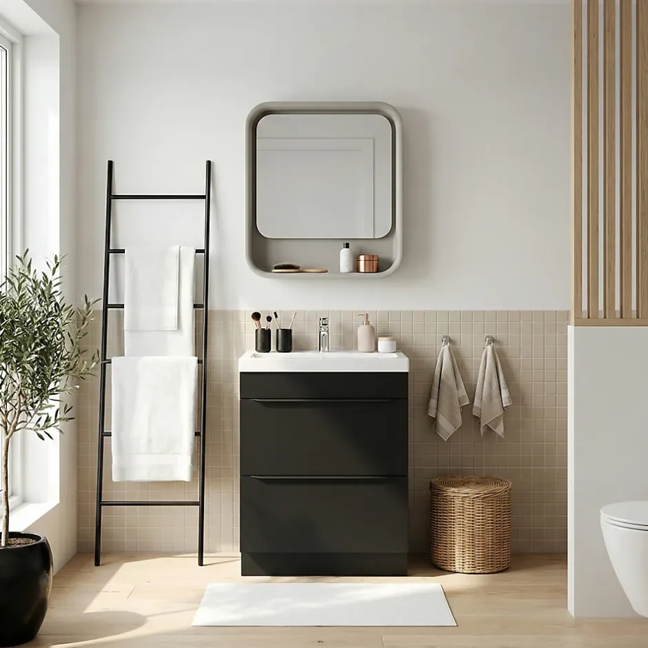 GoodHome Meuble vasque à poser noir mat l.60 cm Imandra + plan vasque blanc résine Mila,