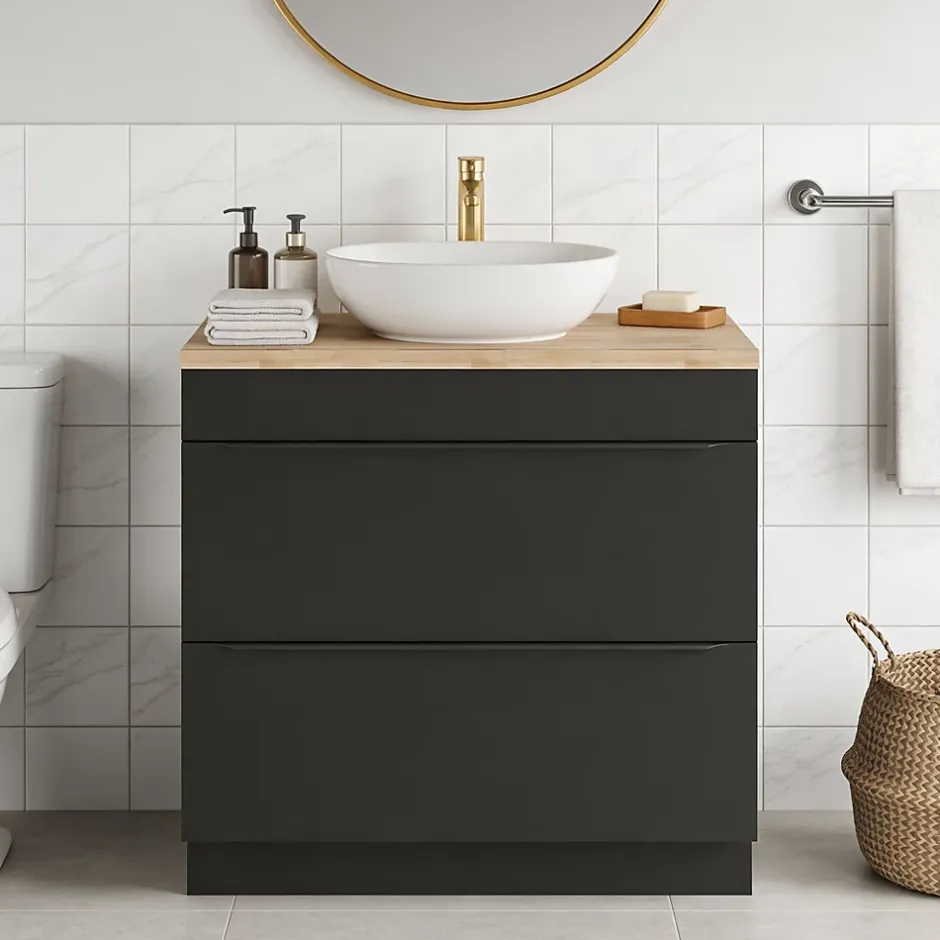 GoodHome Meuble vasque à poser noir mat l.80 cm Imandra + plan de toilette chêne massif Hartland,* Meuble Buanderie