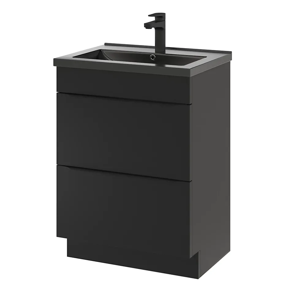 GoodHome Meuble vasque à poser noir mat l.60 cm Imandra + plan vasque noir céramique Nira,