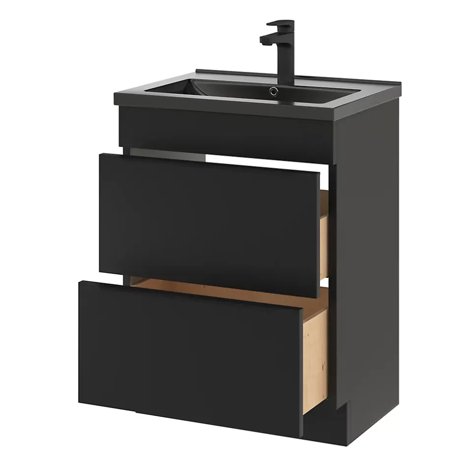 GoodHome Meuble vasque à poser noir mat l.60 cm Imandra + plan vasque noir céramique Nira,
