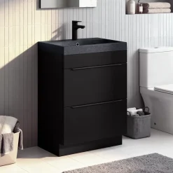 GoodHome Meuble vasque à poser noir mat l.60 cm Imandra + plan vasque noir résine Mila,